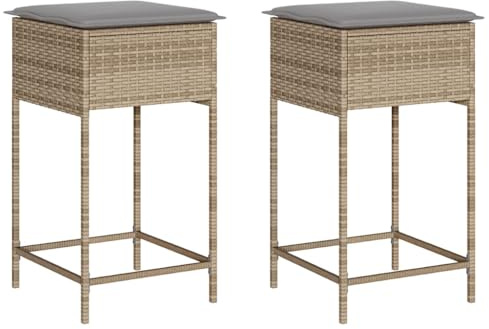 vidaXL Garten Barhocker mit Kissen 2 STK., Barstuhl mit Stahlrahmen, Tresenhocker für Garten Terrasse, Gartenmöbel, Beige Poly Rattan