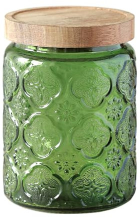 Jarsense Bocal en verre scellé de 700 ml avec couvercle en bois de qualité alimentaire pour café, grains de thé, feuilles, motif bégonia (vert)