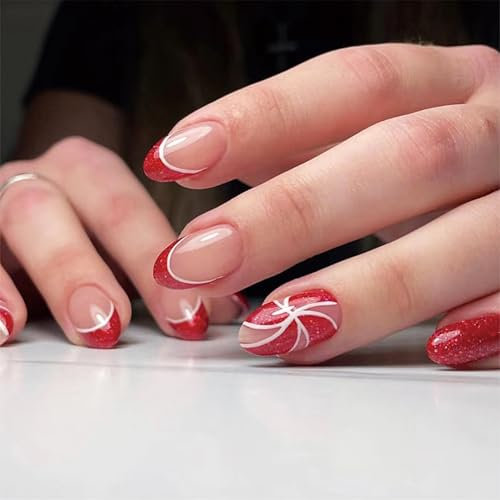 French Press On Nails Kurz, 24 Stück Nägel zum aufkleben Fake Nails, Mandelförmige Nägel, Selbstklebende Kunstnägel, Nail tips Natural Acryl Künstliche Fingernägel für Nail Art (Rot French, 24PCS)