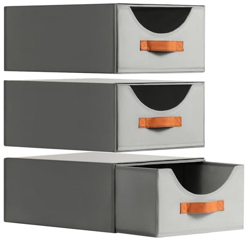 Homsorout Large Stackable Storage Bins - Fabric Pull-out Closet Shelf Organizer, Linen Closet Organizers and Storage, Decorative Storage Boxes for Bedroom, Office, Dorm, 3 Pack, Grey