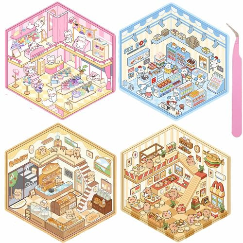 Wnqou 4 Sets DIY 3D-Hausaufkleber – niedliche Cartoon-Landschaft für Erwachsene und Kinder – Miniatur-simulierte Kabinenszene und Bäckerei-Hütten-Aufkleber für Mädchen