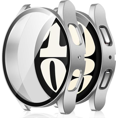 Amizee 2 Pièces Coque Compatible avec Samsung Galaxy Watch 6 44mm avec Protection Écran, Ultra Mince Étui Dur de Anti-Rayures Verre Trempé Écran Coque pour Galaxy Watch 6 (Argent/Clair)