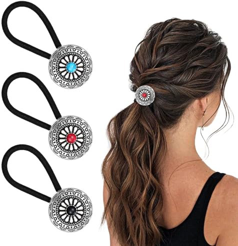 HJZHII 3 Stück Haargummi Damen Pferdeschwanz Halter Im Western Stil,Haargummis Haar Accessoire Frauen,Armband Haargummi Halter Boho Haarspangen Vintage Türkis Concho Kürbisblüten Haarbänder Elastische