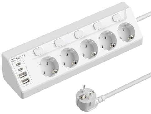 5 Fach Ecksteckdose, Steckdosenleiste einzeln Schaltbar mit 2 USB C und 2 USB A, 4000W 16A, Wandmontage, 2M Kabel, Weiß – Mehrfachsteckdose für Küche & Schreibtisch
