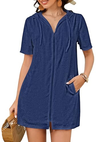 Bsubseach Damen Terry Cloth Reißverschluss Hooded Bademantel mit Tasche