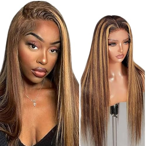 Creuost Echthaar Perücke 4x4 Transparente Spitze vorne Straight Lace Front Human Hair Wig Perücke Brazilian Virgin Hair Minimal Shedding & Tangle For Women P4/27 Highlight Blonde Brown 28 Inch