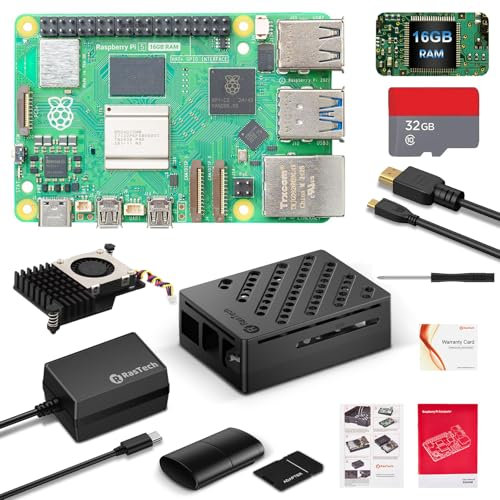 RasTech für Raspberry Pi 5 16 GB Kit mit GaN 27 W 5,1 V5 A USB-C Netzteil, Aktivkühler, 32 GB Card Reders Kit, 4K Micro HD Out Kabel, Pi 5 16 GB Board Case und Bedienungsanleitung im Lieferumfang