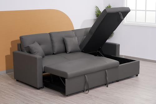 Classic L-Shaped 3 Seater Pull out Leather Corner Sofa Bed with Storage And Cupholder, Convertible Sofa Bed Settee Sectional Sofa for Living Room (Grey)