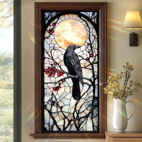 SHENGYUMY Stained Glass - Style Raven Window Film, Gothic - Inspired Privacy Decor for Windows, Glass Privacy Decals ，Living Room Sun Blocking Decor， Removable Static Cling Stickers 17.71x39.97 inch