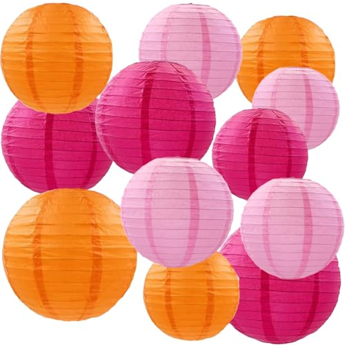 We Moment Zone 12pcs Lanterne en Papier Rose et Orange, Lanterne en Papier Orange Rose lanternes en Papier Rond pour l'anniversaire, Mariage, décoration de Plafond de fête de Douche pour bébé