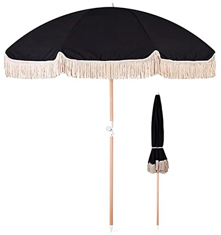 Garden Parasol 2m poliéster Pole de Madera tortuable Sombra de Playa al Aire Libre para marginar con Marco, un Paraguas de Sol de jardín Negro (tamaño: Fuera de)