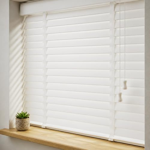 Rehan & Co Custom Made to Measure Faux Wood Blinds Wooden Grain window Venetian Blind 50mm Horizontal Smooth Slats Child Safe Window Blind (White Tape, 105Wcm x 150Hcm)