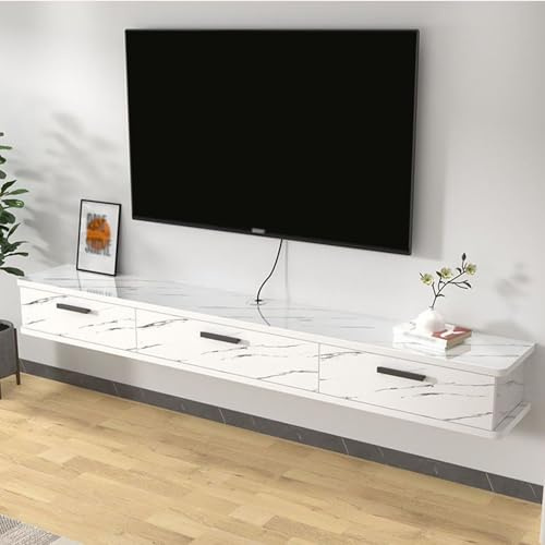 Meuble TV flottant – Longue console TV murale avec porte rabattable et rangement – Meuble TV moderne suspendu pour le salon – Design élégant à rayures blanches (120 x 22 x 20 cm)