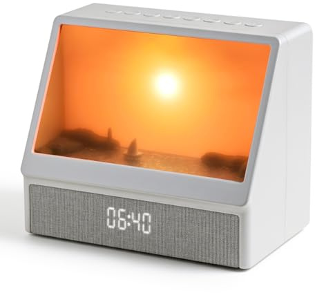 Flixyticy Lichtwecker Tageslichtwecker mit Fernbedienung, Bluetooth Wake Up Light Sonnenaufgang, Digital Weißes Rauschen Soundmaschine mit 6 beruhigende Klänge in 5 Helligkeit, 10 farbige Licht