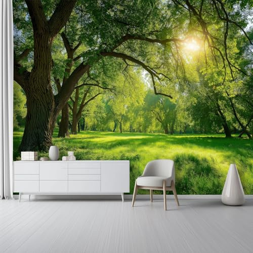 Vlies Fototapete Natur, 300 x 210 cm 3D Art Effekt Wandbild Tapeten mit Wald Wiese Bäume Muster - Moderne Poster Wanddeko fürr Kinderzimmer Wohnzimmer Schlafzimmer Büro TV Hintergrund Flu
