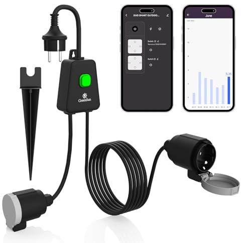 GreenSun Alexa Steckdose für den Außenbereich – 16 A Typ F, WLAN-Steckdose, programmierbar, Smart Life App, Sprachsteuerung, kompatibel mit Alexa und Google Home, Energiezähler, Timer, 16 A, 3840 W