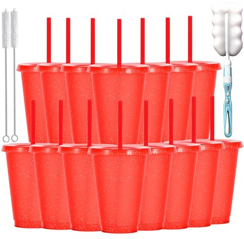 Yisituo 480ml Reusable Plastic Cups, 15 Pack of Kids Tumbler with Lid and Straw, for Cold Drinks, Iced Coffee, Travel and Smoothies (15, Glitter Red)