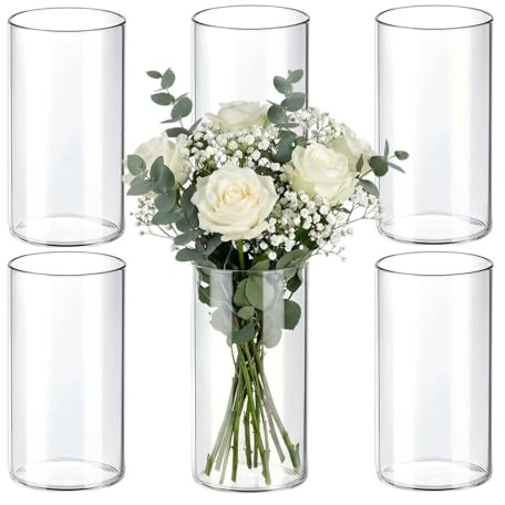 Glass Vase Set, 6 Cylindrical Transparent Vases for Wedding, Table Decoration, Candle Holder, Flower Arrangements (15 cm, 6 Pieces)