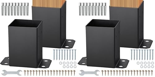 VEVOR 101.6x101.6mm Post Base 2 Pcs, Inner Size 91x91 Post Base Brackets, Heavy Duty Powder-Coated Post Anchor Matte Black Wood Post Brackets for Pavilion Deck Railing Support Deck Base Plate