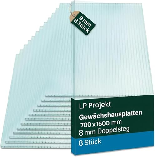 LP Projekt Gewächshauspaneele 700 x 1500 mm – Polycarbonat Gewächshausplatten 8 mm mit 8er Pack | Doppelstegplatten mit UV beständigen und witterungsbeständigen hohlkammerplatten für Gewächshausdächer