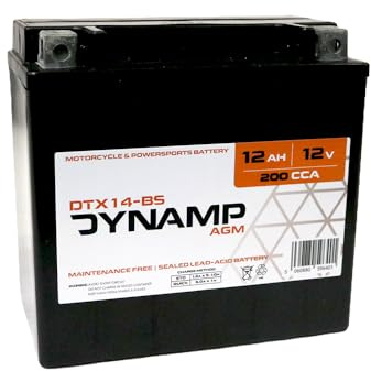 Dynamp DTX14-BS 12V 12Ah AGM Motorcycle Battery, YTX14-BS Equivalent, Maintenance-Free, 150x87x145mm