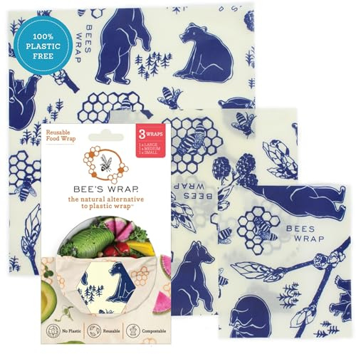 Bee's Wrap Beeswax Wraps for Food - 3 Pack of Assorted Beeswax Wraps - Small, Medium & Large Wrap - Plastic Free Made in USA Reusable Natural Food Wrap - Bees & Bears Print