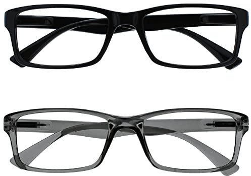 OPULIZE PEP Classic Reading Glasses for Women Men, Scratch Resistant Rectangular Frame with Spring Hinges, Black, Grey +1 (Pack of 2)