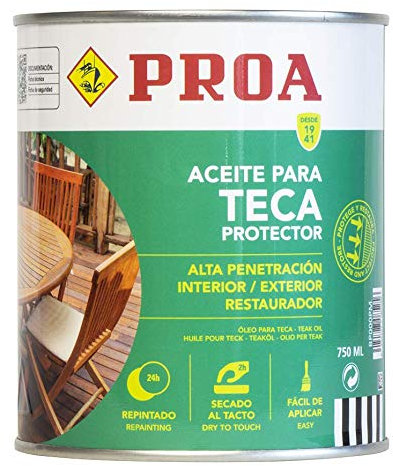 Aceite para Teca. PROA. Protección y nutrición para la madera. Renueva tus muebles de jardín. Teca. 750 ML.