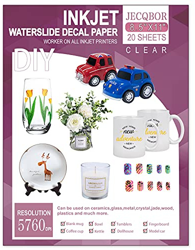 20 Sheets Waterslide Decal Paper Inkjet Clear,8.5X11 Inch Water Slide Transfer Paper Transparent Printable for Tumblers,Ceramics,Plastics,Glasses,DIY