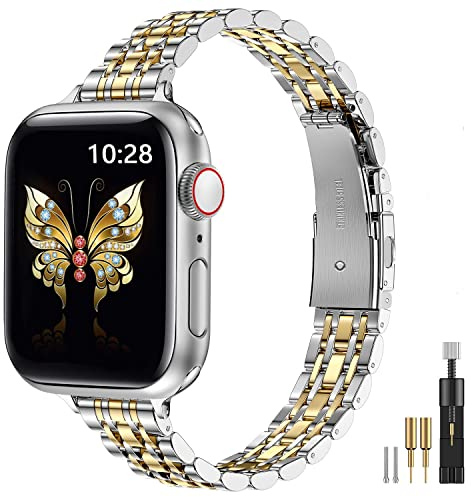 MioHHR Slim Band kompatibel mit Apple Watch Armband 42mm(Series 3/2/1) 44mm 45mm 46mm 49mm,dünnes Edelstahl-Metallkettenarmband für Damen iWatch Bands Ultra 2 1 Series 10 9 8 7 6 5 4 SE,Silber/Gold