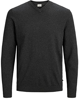 Jack & Jones Pull tricoté col en V pour homme, Gris (gris foncé mélangé), M