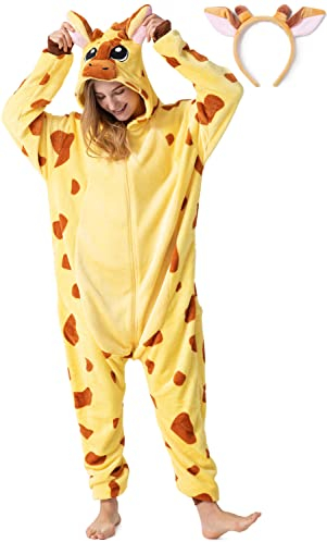 corimori Flauschiges Giraffen-Kostüm für Erwachsene mit Haarreif | Karneval Kostüm Onesie für Damen, Herren | Körpergröße 160-170cm