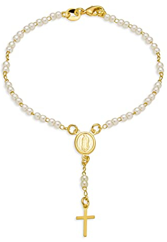 Bling Jewelry Zartes Zierliches Weißes Simuliertes Perlenkreuz Schutzpatronin Jungfrau Maria Rosenkranzgebet-Armband Für Frauen Und Teenager Vergoldetes Messing 18 Karat 7,5 Zoll