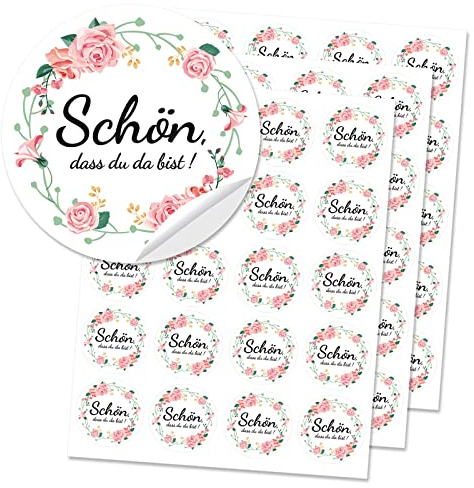 DPKOW 60 Schön, DASS du da bist Aufkleber Hochzeit, Rund Sticker für Taufe Kommunion Hochzeit Deko Gastgeschenk, Geburtstag Taufe Aufkleber Deko für Geschenkanhänger Karten Danke, mit Elegant Blumen
