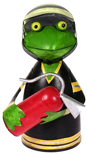 Zaunhocker Feuerwehr Frosch mit Feuerlöscher quer 21 cm Figur aus Blech Metall Brand 112 Garten Deko Balkon Dekofigur Pfostenhocker