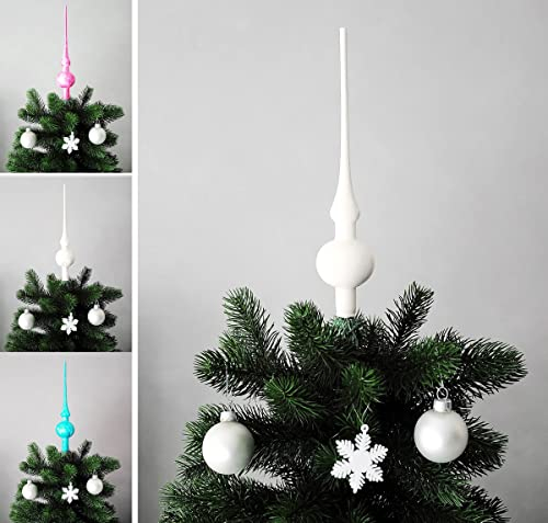 JACK Christbaumspitze Spitze Glas 28cm Eislack Glanz Matt Baumspitze Mundgeblasen Box, Farbe:Weiß Emaille Glanz