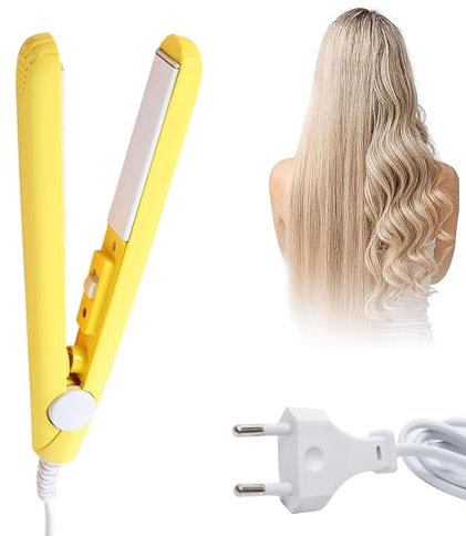 Mini plancha de pelo, Mini Dual-Purpose Curling Iron, Plancha de pelo 2 en 1, Alisador Portátil, Alisadores De Viaje Para Cabello Corto para cabello rizado o liso Rainao(Amarillo)