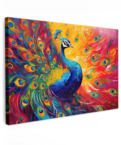 MuchoWow© Bild auf Leinwand 60x40 cm Schlafzimmer Bilder Wand Deko Wohnzimmer Modern Wanddeko Bilderwand Geschenk Kunstdruck - Bunt - Pfau - Kunst - Malerei - Pfauenfedern