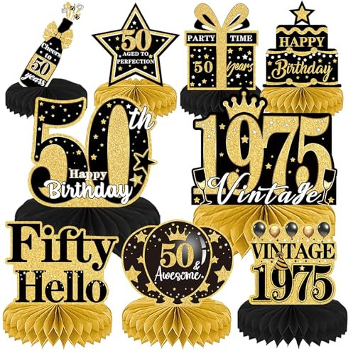 Luvart 50th Birthday Decorations-9pcs 50th Birthday Decorations for Men Black and Gold Table Decorations for Birthday Party Men Women Honeycomb Decs Vintage 50 Birthday Party Table Decor Supplies