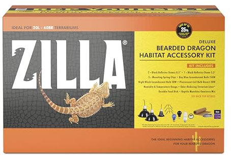 Zilla Bartdrachen Lebensraum Zubehörset, einfaches Starter-Set für Bartagamen, inklusive Beleuchtung, UVB, Wärme, Einstreu, Feuchtigkeit, Temperatur und Nahrung, ideal für Lebensräume 20L - 60 BR