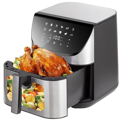 Sinaopus Airfryer, 8,5L XXL Heißluftfritteuse, Air fryer mit Digitalem LED-Touchscreen, 1800 Watt, 12 Programmen, Einstellbare Temperaturregelung, Sichtbares Sichtfenster, AF-DH-8001A-W