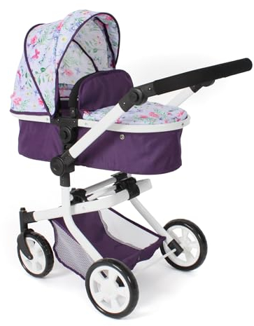 Bayer Chic 2000 595-73 Puppenwagen Mika, 2-in-1 Kombipuppenwagen für Kinder von 4 bis 8 Jahren, Kinderwagen für Puppen bis 52 cm, Flowers lila