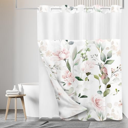 Tititex Duschvorhang, ohne Haken, Vintage-Stil, grüne Blätter mit rosa Blumen, Vögeln, luxuriös, doppellagig, wasserdichter Stoff und durchsichtiges Fenster, Badezimmer, dekorativ, 183 x 183 cm