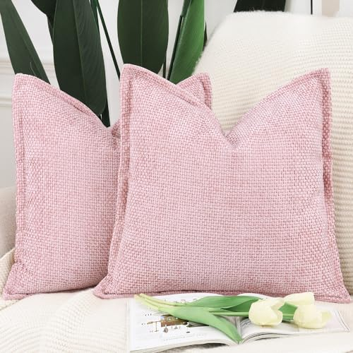 Madizz 2er Set Chenille Samt mit Rand Kissenbezüge Weiche Dekorativ Zierkissenbezüge Modern Kissenhülle für Sofa Wohnzimmer Schlafzimmer Rosa 60x60 cm