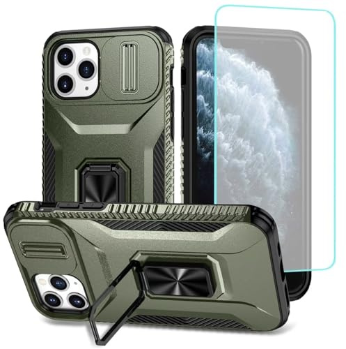Wanyuexes Coque pour iPhone 11 Pro avec Verre Trempé, Cache Caméra Coulissant et Anneau Rotatif pour Support Voiture Cover pour iPhone 11 Pro Vert