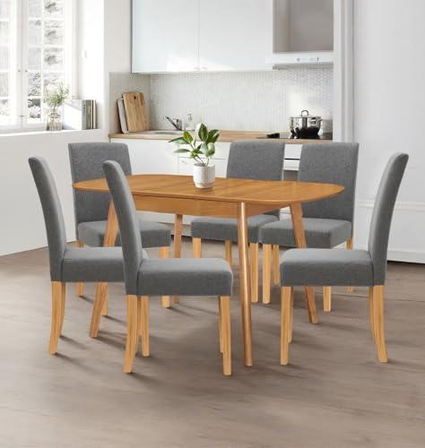 Hallowood Furniture Aston Light Oak Extending Dining Table and Chairs Set 6 | Butterfly Leaf Wooden Oval Kitchen Table and Grey Fabric Upholstered Straight Back Chairs, Dining Room Sets for Home and Cafe