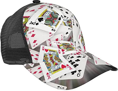 TDTRADD Unisex Baseballkappe mit fallenden Spielkarten, 3D-Druck, verstellbar, Netzstoff, Trucker-Mütze, kariert, gebogene Krempe, Baseball-Kappen für Männer und Frauen, Strapback, Schwarz,