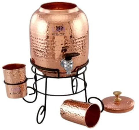 Jewellary Hub Handmade Water Storage Tank | Container | Jug | Matka Pot | Pure Copper Water Dispenser 5000 ml /1.32 gallon 2 glass with an iron stand