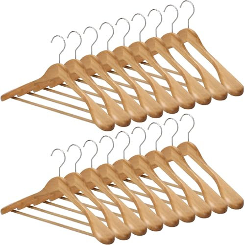 MELA'S Wooden Wide Clothes Hanger, Natural Wood, Pack of 18, Non-Slip, for Stable Jacket, Suit, Shirts, Extra Wide Shoulders, Trouser Bars, 45 x 23 x 5.5(Natural)