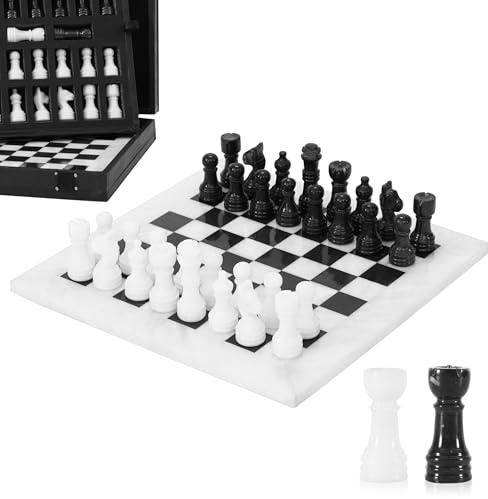 Marble Chess Set for Adults 10 Handmade White & Black Board Game with 32 Chess Pieces, 2 Extra Queens & Storage Box, Luxury Travel Game, Elegant Gift for Home Decor